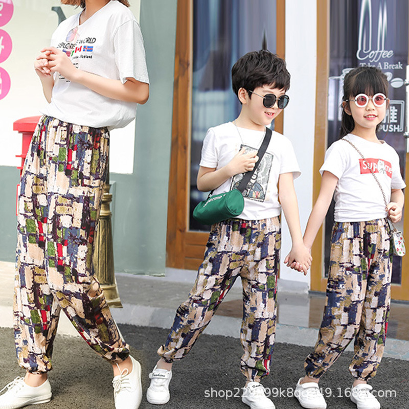 Picture of Parent-Child Bloomers Boys' Beach Pants Girls' Thin Anti-mosquito Pants Comfortable Ice Silk Large Children's Cotton Silk Trousers