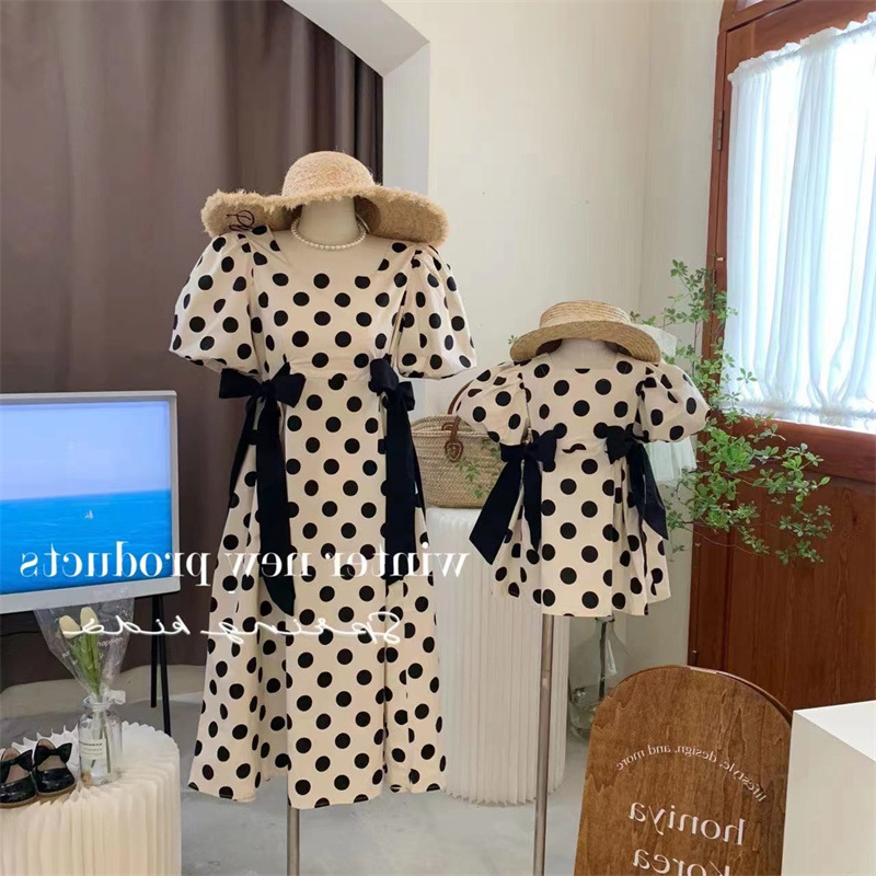 Children's Clothing Family Clothing 2025 Summer New Korean Girls Polka Dot Dress Mother and Daughter Fashionable Square Neck Skirt Trendy