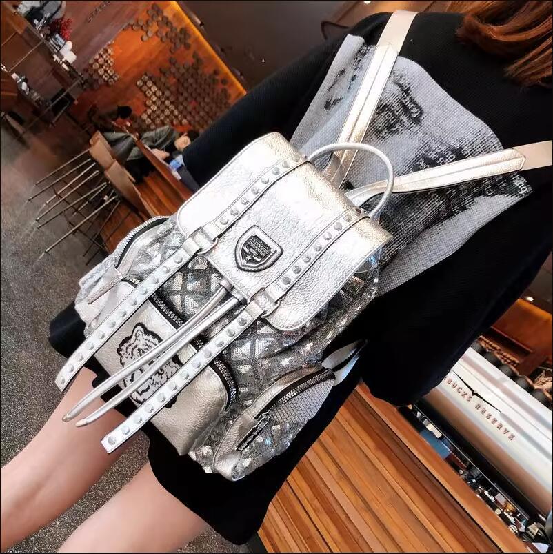 Picture of Sequin Backpack Women's 2025 New Trendy Personalized Easiest for Match Backpack British Style Drawstring Soft Leather Internet Celebrity Travel Bag