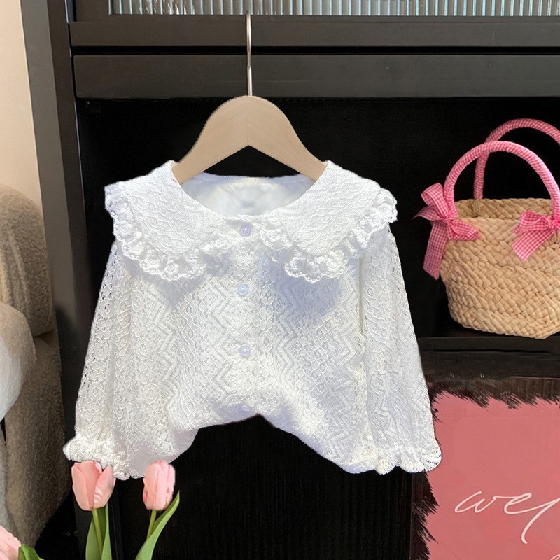 Picture of Girls' Shirt Children's Spring and Autumn Clothes Korean Style Western Style White Lace Shirt with Large Lapel for Baby Long Sleeve Top