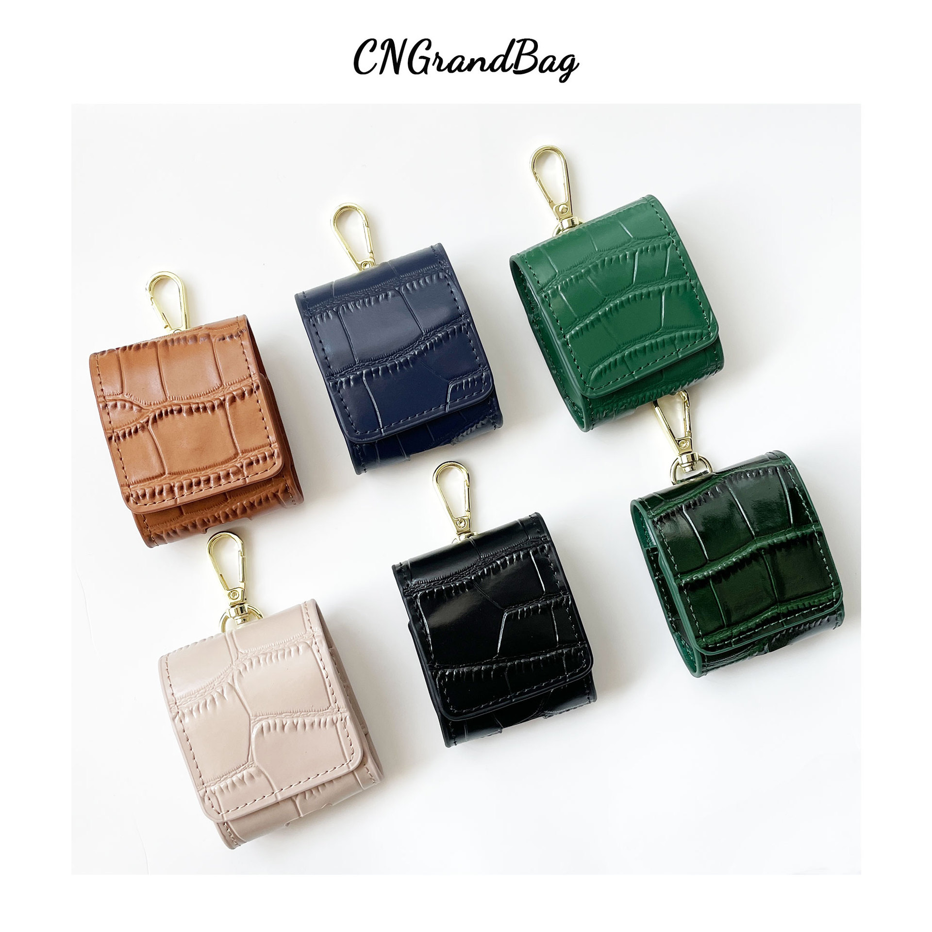 Picture of Cross-border Genuine Leather Crocodile Pattern Wireless Bluetooth Earphone Case Protective Cover with Hook for airpods 1/2/pro