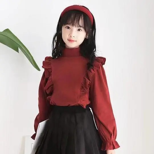 Picture of Girls' Velvet Base Shirt Spring New Children's Korean Style Western Style Lace Solid Color Long Sleeve T-Shirt for Girls