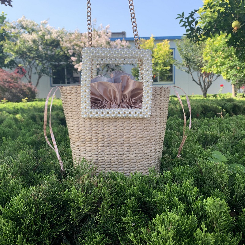 Summer Pearl Handle Straw Women's Bag Single Shoulder Crossbody Chain Bag Handbag