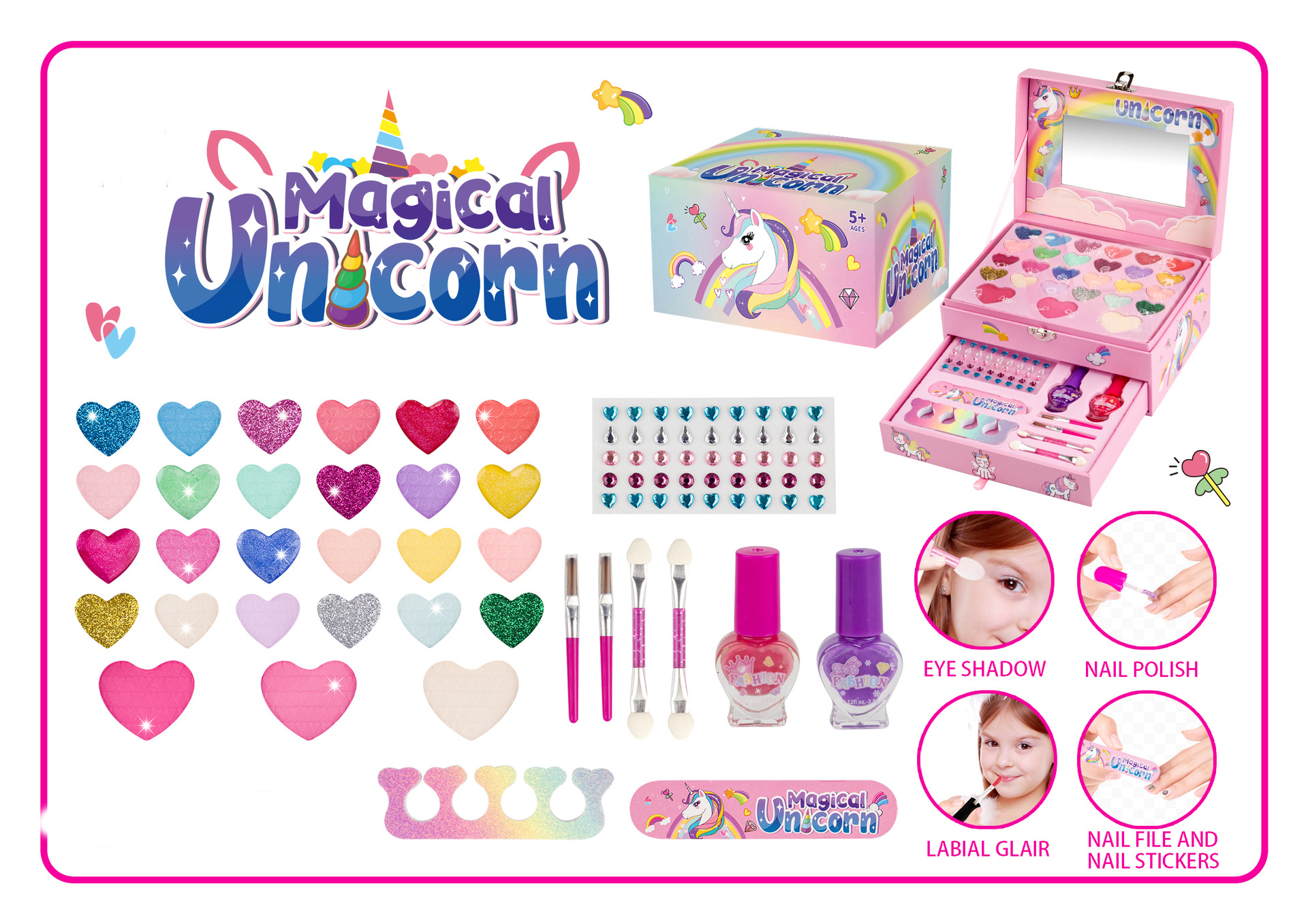 Picture of Amazon's Hot-Selling Kidsren's Makeup Lipstick Eye Shadow Nail Polish Makeup Box Two-Layer Drawer Box Girls Cosmetics