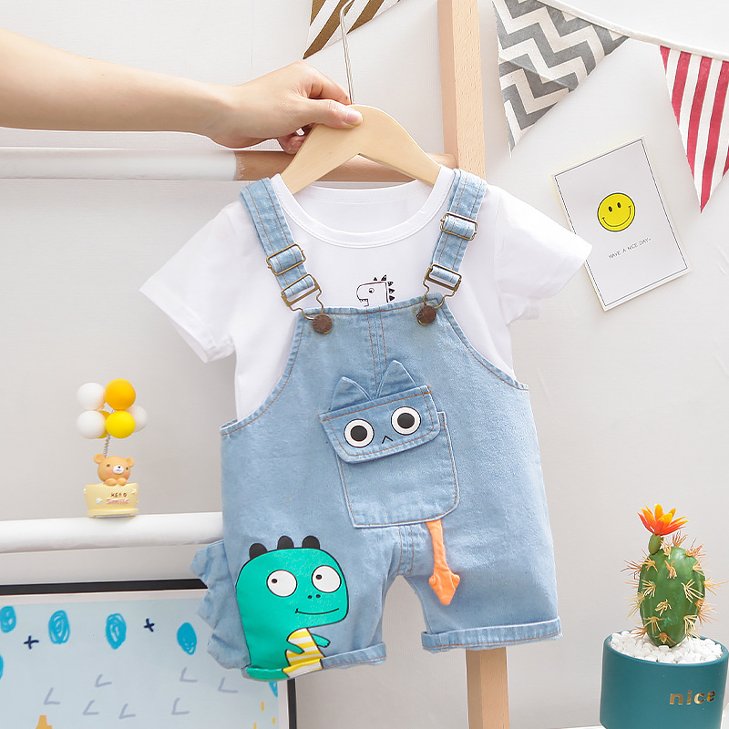 Picture of Summer New Children's Cartoon Dinosaur Short-sleeved Suspender Pants Set Round Neck Printed Short-sleeved Shorts Two-piece Set