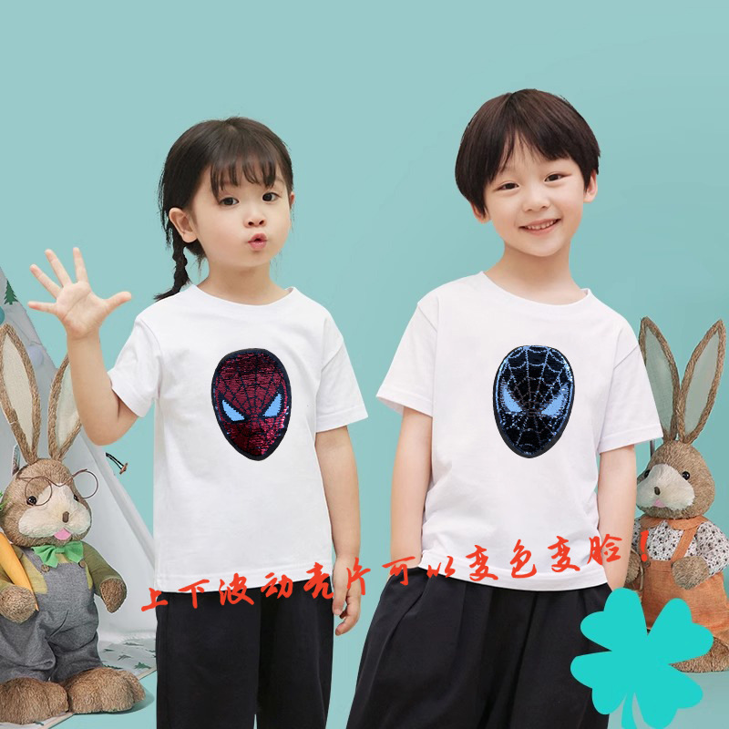 Picture of Cotton Spider-Man Short-sleeved T-shirt for parents and children's clothes fried street couple's fashionable brand summer clothes loose color-changing sequins children's top