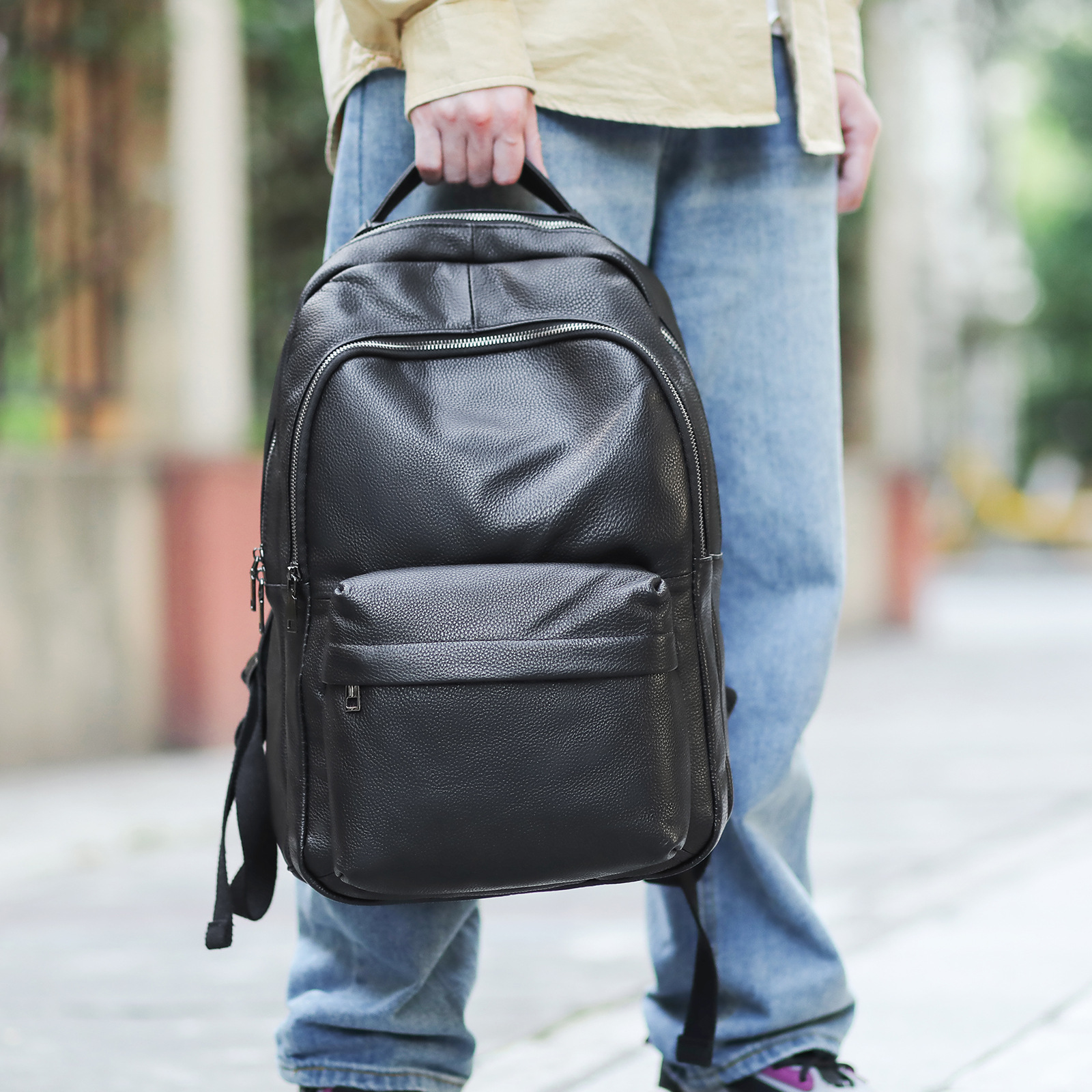 Picture of Real Cowhide New First Layer Cowhide Casual Men's Backpack Black Trendy Cool Genuine Leather Outdoor Backpack Bike Bag