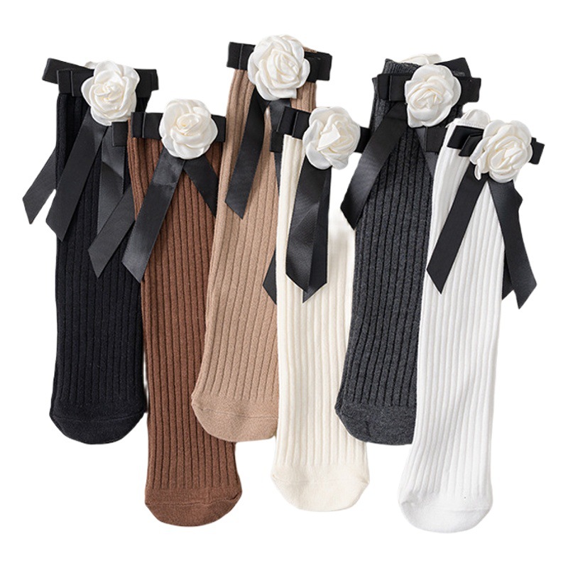 Girls' mid-calf length socks spring and autumn children's long Haw flower bow Lolita Japanese girl baby stockings