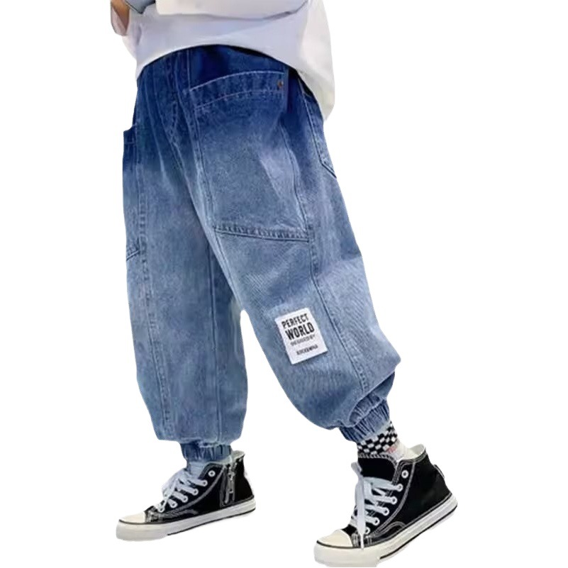 Boys' Spring Jeans Big Children's Western Style Tooling 2024 New Children's Boys Spring and Autumn Loose Pants Trendy Brand