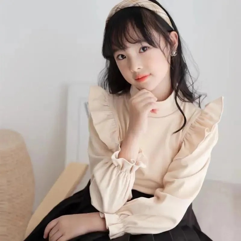 Picture of Girls' Velvet Base Shirt Spring New Children's Korean Style Western Style Lace Solid Color Long Sleeve T-Shirt for Girls