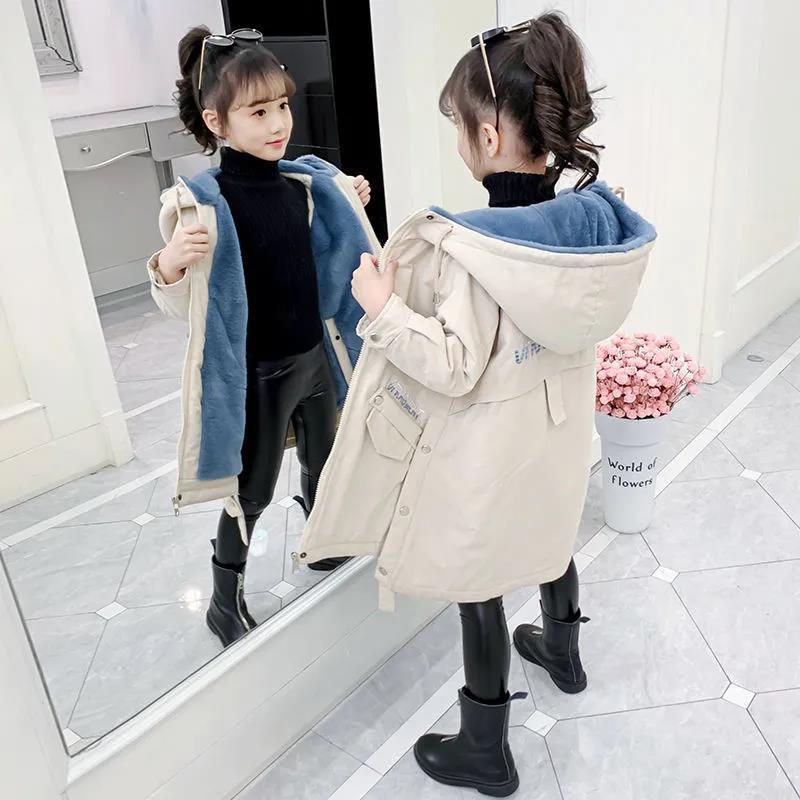 Girls' Autumn and Winter Clothing 2021 New Korean Style Children's Clothing Velvet Jacket Medium and Large Children's Medium and Long Parka Jacket