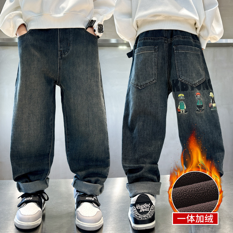 Picture of Boys' Pants Autumn and Winter 2025 New Style for Older Children, Boys' Winter Casual Pants, Children's Fleece-Lined Thickened Jeans