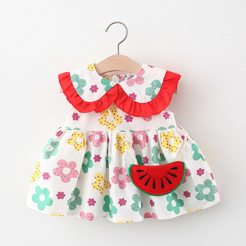 Picture of 2022 girls dress new summer children's clothing sleeveless lace collar full body contrast small flower small watermelon vest skirt