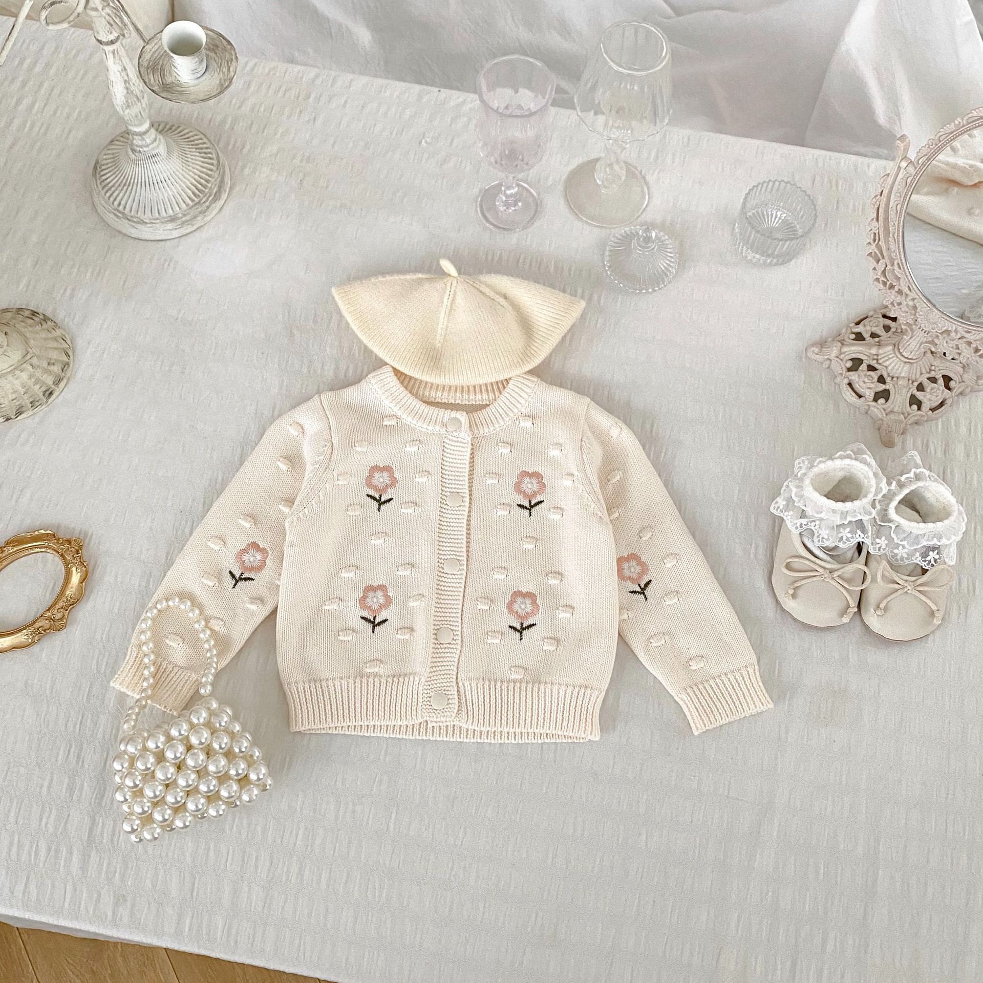 Picture of 2024 Autumn Girls Knitted Cardigan Cotton Flower Embroidered Crewneck Long Sleeve Top Sweet Baby Girl Coat