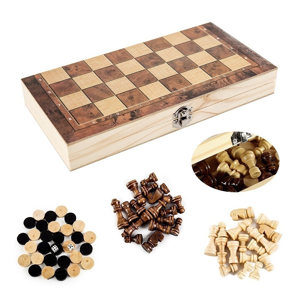 Picture of 3 in 1 wooden foldable chess natural wood lacquer game chess multi-function black and white chess Chess