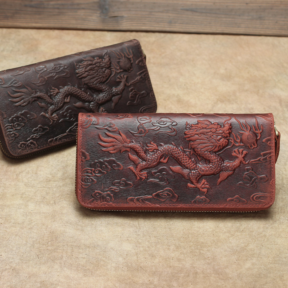 Picture of Shi Cangxin Vintage Crazy Horse Leather Dragon Pattern Wallet Embossed Genuine Leather Clutch Embossed Tiger Pattern Chain Card Bag