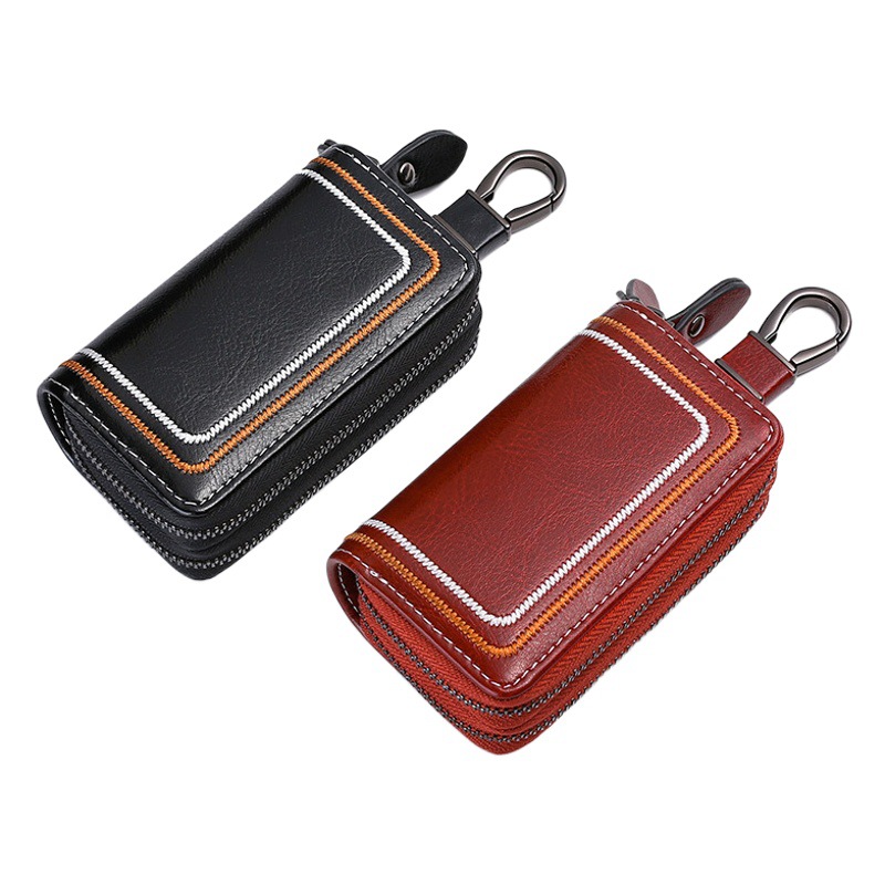 Genuine Leather Key Bag Women Double Layer Zipper Household Key Case Fashionable Embroidered Cowhide Car Key Protective Case