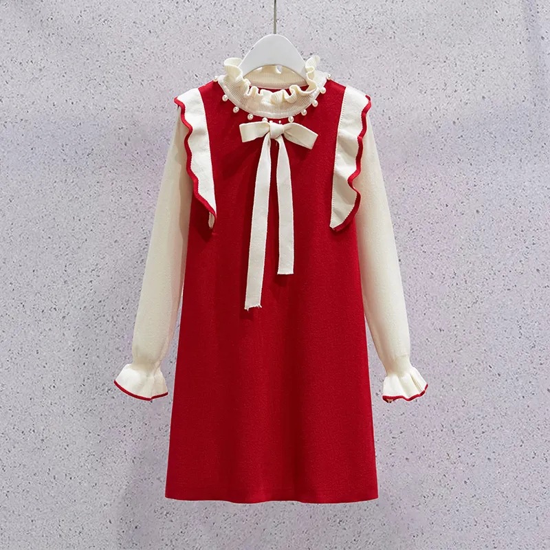 Picture of Girls Dress Autumn and Winter New Sweet Pearl Neck Sweater Dress Children's Fashionable Knitted Sweater Dress