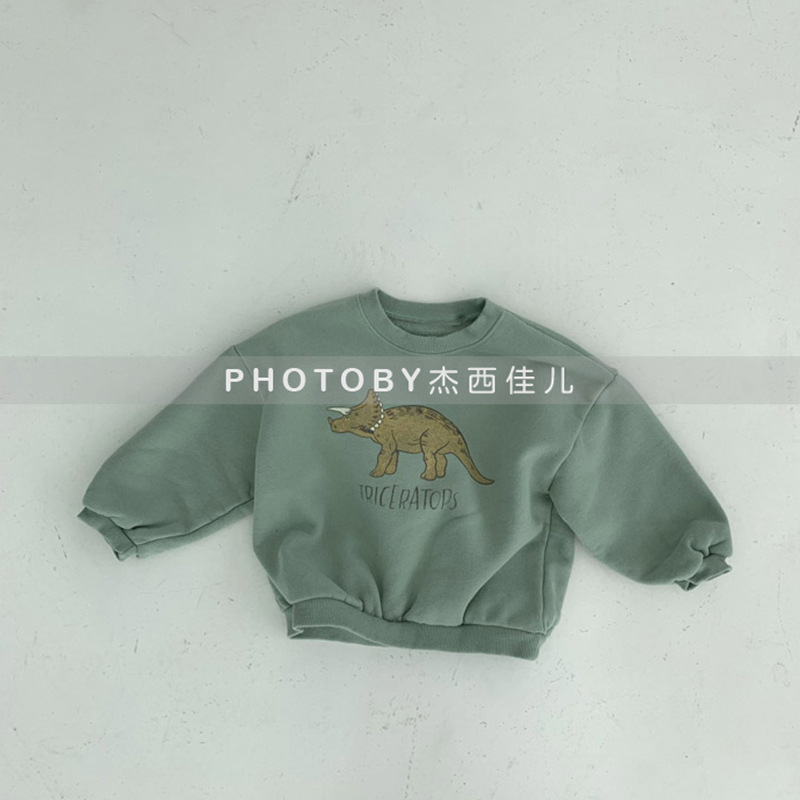 Picture of Infants and Young Children Korean Style Winter New Top for Boys and Girls Baby Western Style Cute Dinosaur fleece-lined Loose Casual Sweatshirt