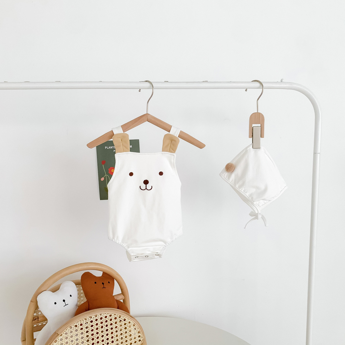 Picture of 2025 Baby Clothes Summer Cute Bear Sleeveless Sling Bag Fart Clothes for Boys and Girls, Two Sets of Hats