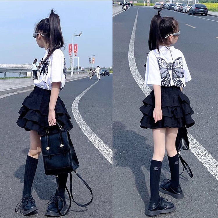 Girls Summer Suit 2025 New Cake Skirt, Fashionable Kidsren's Short-Sleeved T-Shirt, Fashionable Pleated Skirt Two-Piece Set