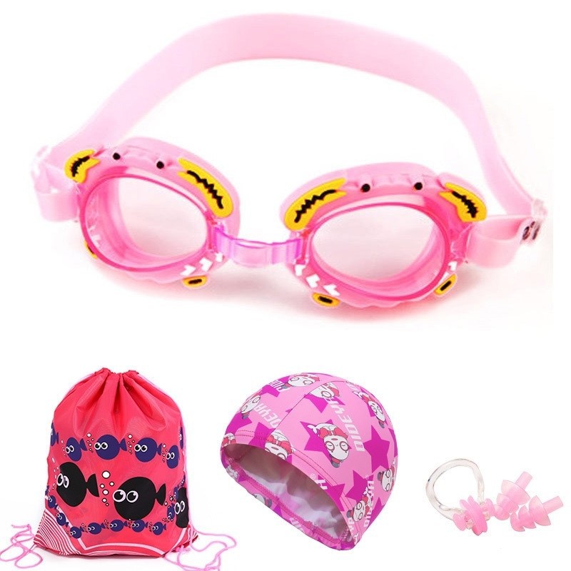 Children's Swimming Goggles Boys Transparent HD Waterproof Anti-fog Swimming Glasses Girls Cartoon Cute Swimming Goggles Swimming Cap Set