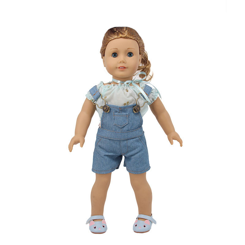 Picture of New 18 inch American doll accessories denim suspenders 43cm summer doll clothes set factory straight hair