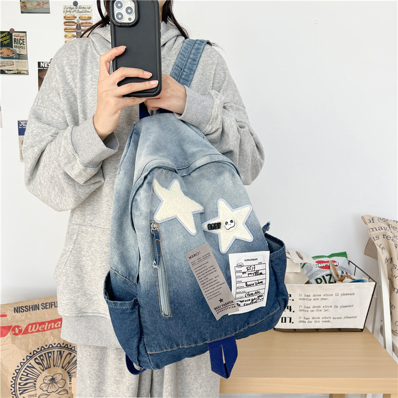 Picture of New Original Gradient Denim Star Backpack for Middle and High School Students, Vintage Style School Bag, Versatile Travel Backpack