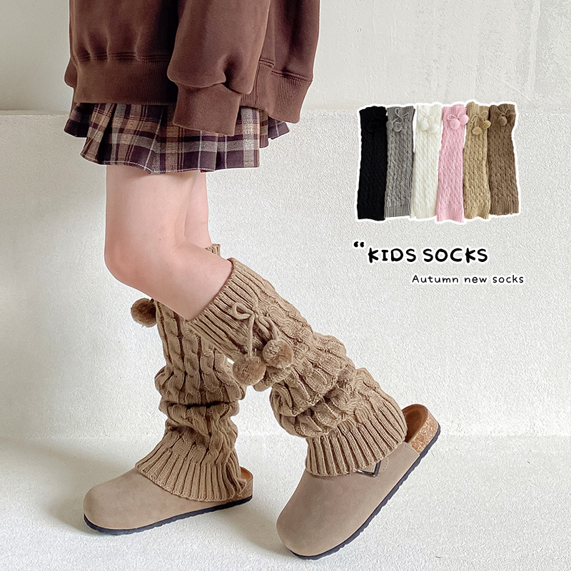 Children's Socks Autumn and Winter Fur Ball Long Tube Stacked Socks Lolita Vintage brown Thickened Warm Twist Leg Cover