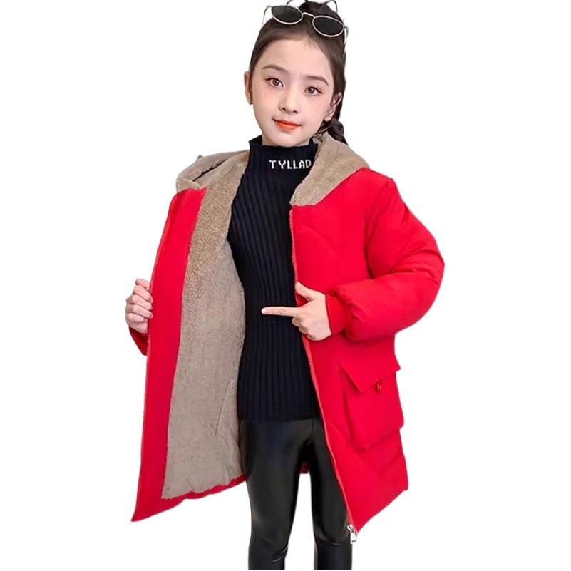 Girls' winter clothes 2023 new fleece-lined cotton-padded coat Western style down jacket mid-length coat Winter Children's cotton-padded coat