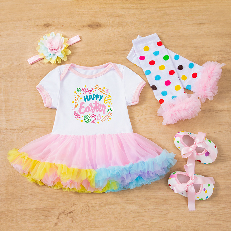 Picture of Children's Clothing Baby Easter Party Dress up 4-Piece Set Printed Letter Egg Four-Color Robe Dress Baby Girl
