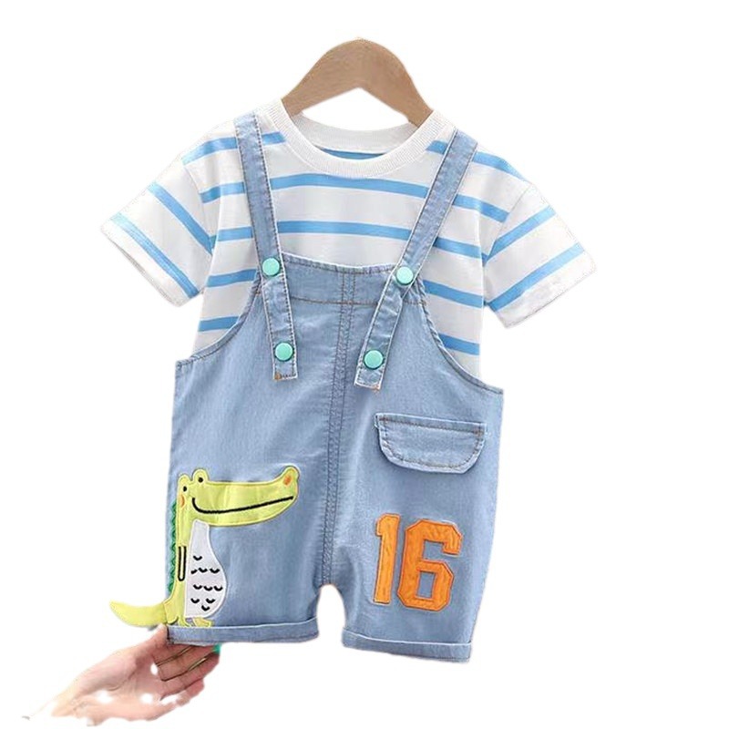 Picture of Summer New Children's Cartoon Dinosaur Short-sleeved Suspender Pants Set Round Neck Printed Short-sleeved Shorts Two-piece Set