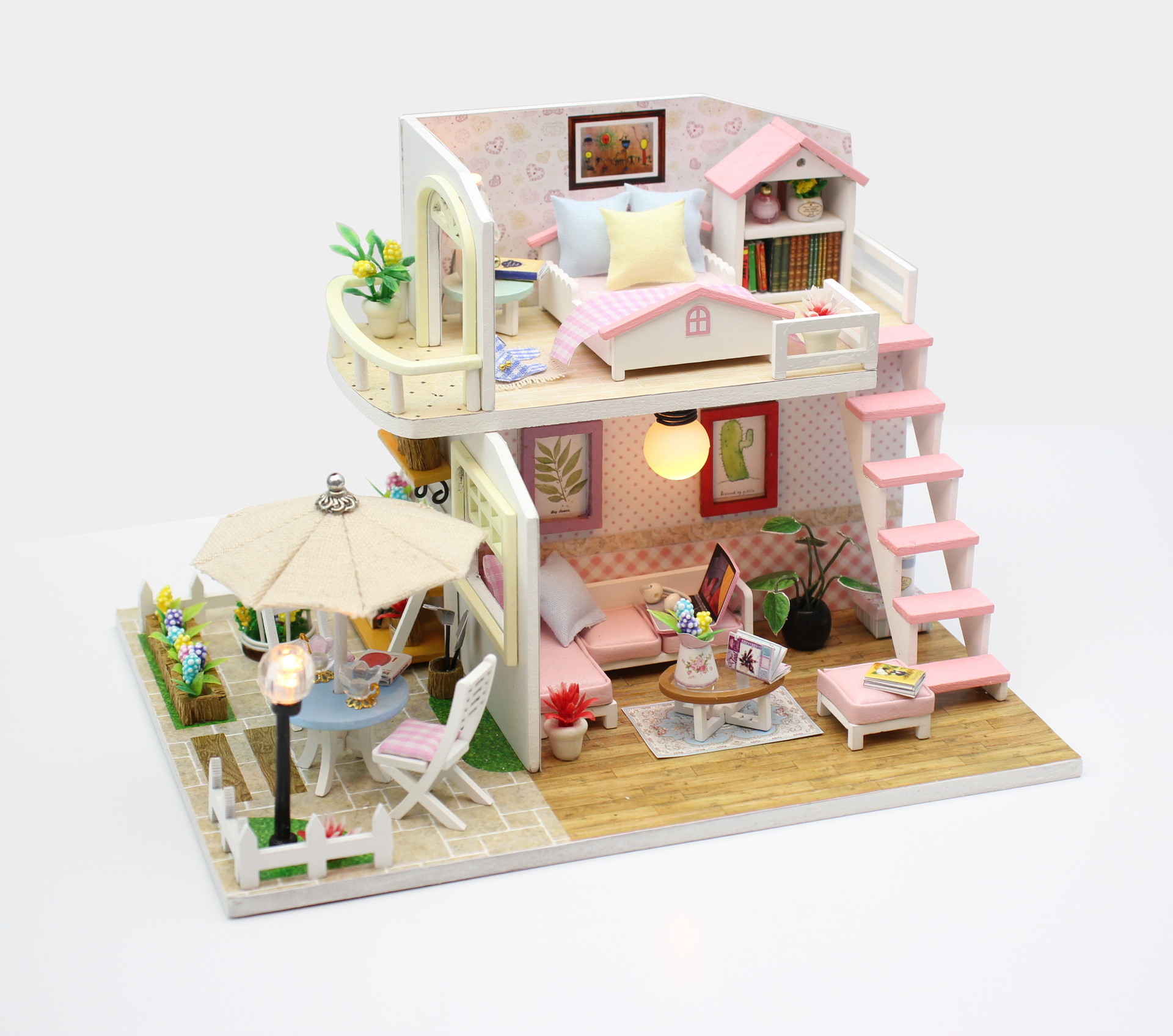 Picture of Hongda DIY Cabin Pink Loft Handmade Assembled Mini Villa Model Wooden Diy Cabin Creative Gift