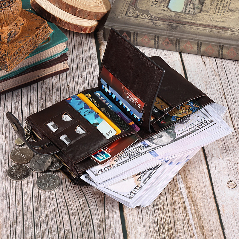 Picture of Cross-Border Multifunctional Men's Coin Purse with Chain, Multiple Card Slots, Retro Large-Capacity Card Holder, Genuine Leather Vertical Wallet
