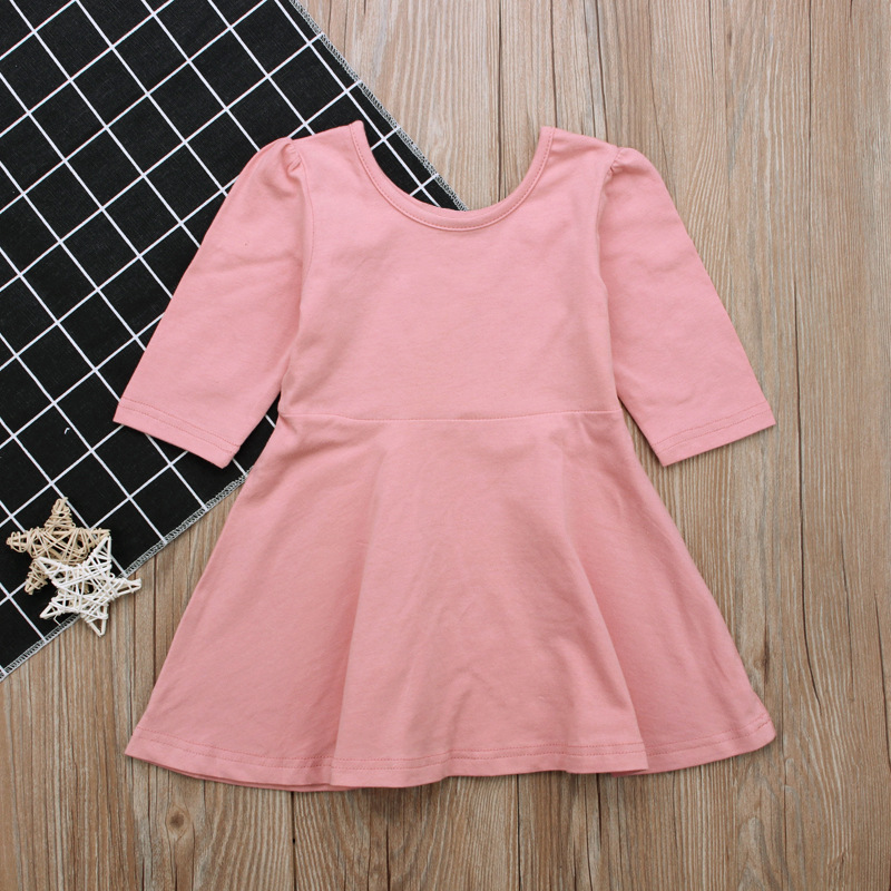 Picture of Children's European and American spring and autumn girls' three-quarter sleeve solid color dress children's clothing one-piece delivery ins