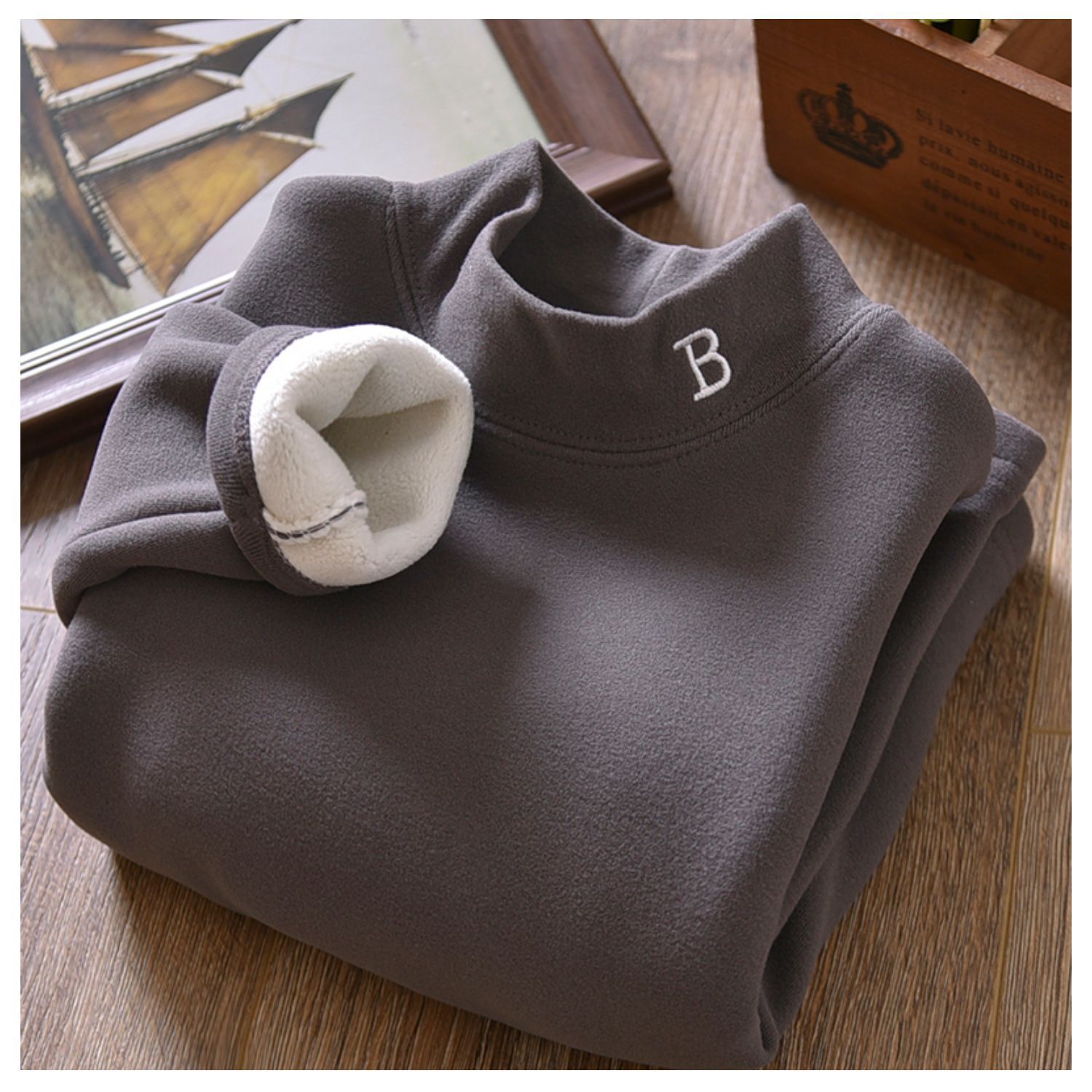 Picture of Boys' Velvet Autumn and Winter Half-high Collar Warm Clothes Winter fleece-lined Thickened Children's Solid Color Base Shirt for Boys