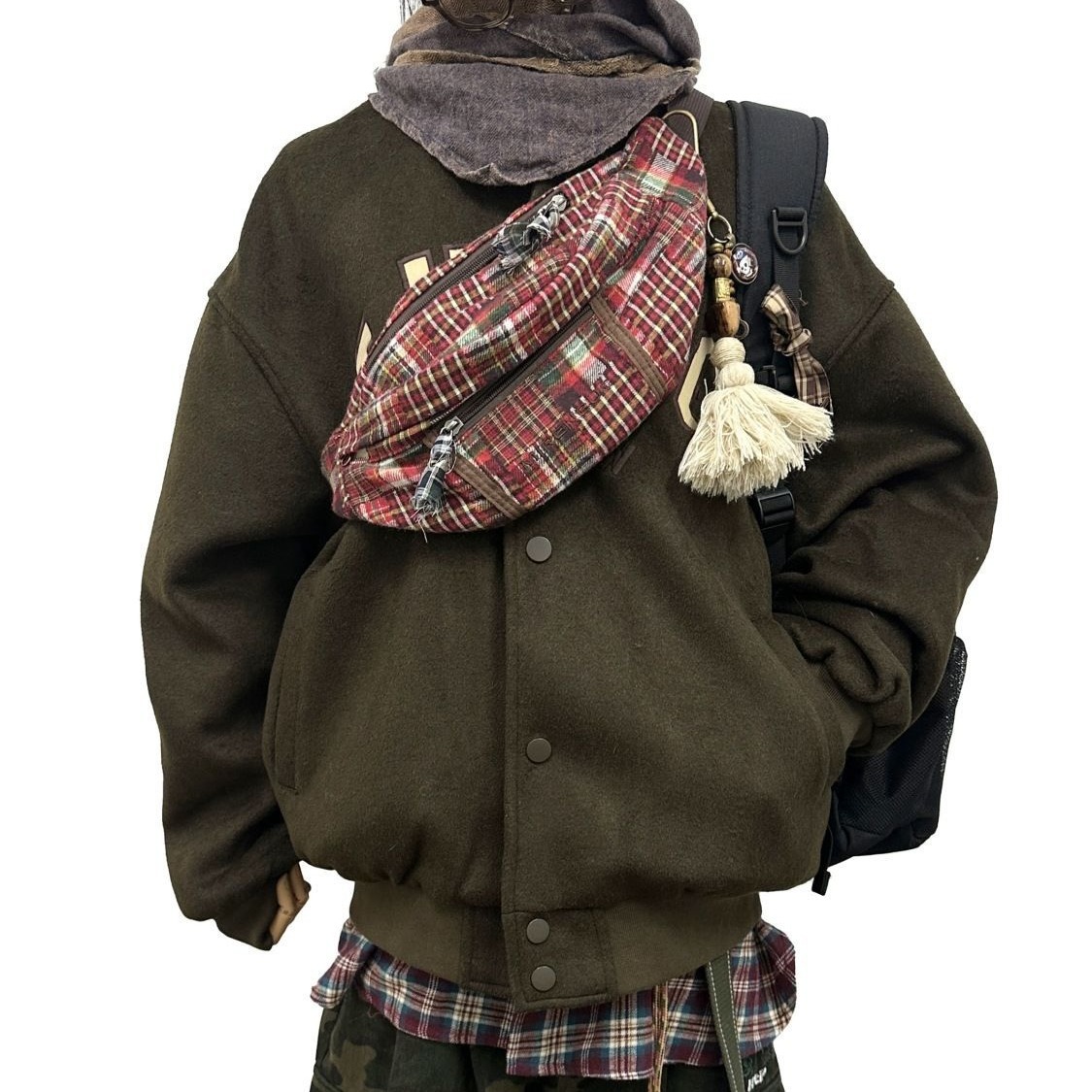 Picture of Mirenbu Charming Cloth Plaid Retro Waist Bag Vintage Style Old Multi-Functional Bag Crossbody Bag Chest Bag for Men and Women