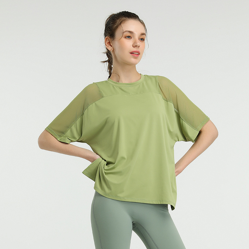 Picture of European and American Quick-drying Hip Covering Loose Running Blouse T-shirt Mesh Stitching Sports Short-sleeved Fitness Yoga Clothing Women's Summer