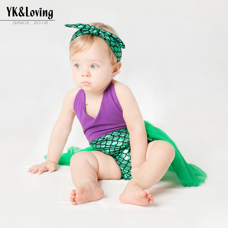 Picture of Baby Summer Mermaid Lace Suspender Dress 0-3 Years Old Cut Out Bellyband Skirt Hair Accessories Set Wholesale