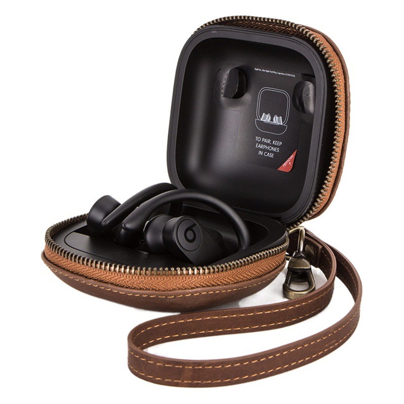Suitable for Powerbeatspro Headset Protective Case with Lanyard Zipper Apple Genuine Leather Wireless Bluetooth Headset Case