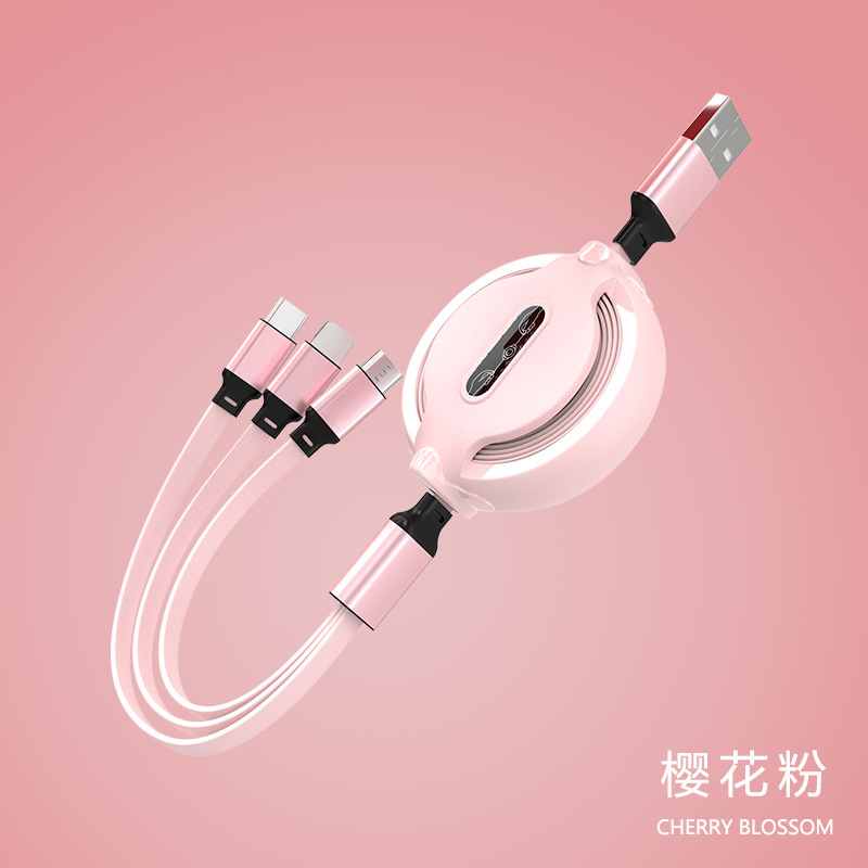 Picture of One-to-three telescopic data cable three-in-one fast charging applicable Apple data cable Android all-in-one charging cable