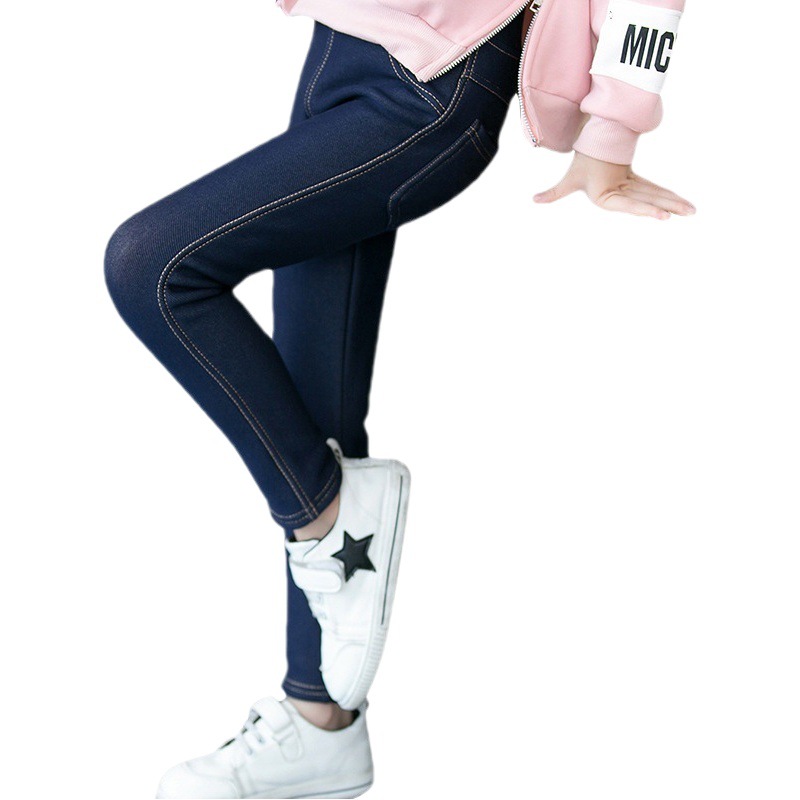 Children's Wear Winter New Thickened Large and Large Girls' Imitation Jeans Fashionable Korean Style Velvet Children's Small Foot Mouth Children's Pants