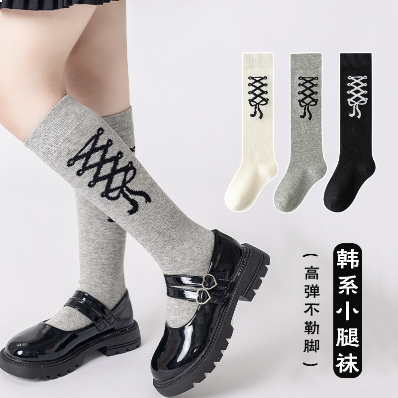 Picture of Girls' calf socks black and white gray bow high socks 3-12 years old girls' pile socks autumn children's socks