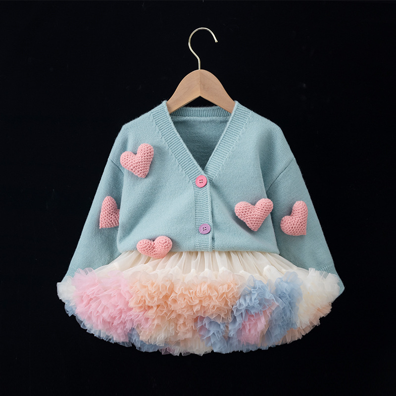 Picture of Spring New Girls knitted casual cute love cardigan outer wear fashion sweater tutu skirt matching suit