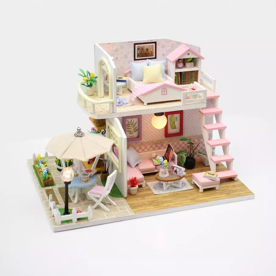 Picture of Hongda DIY Cabin Pink Loft Handmade Assembled Mini Villa Model Wooden Diy Cabin Creative Gift