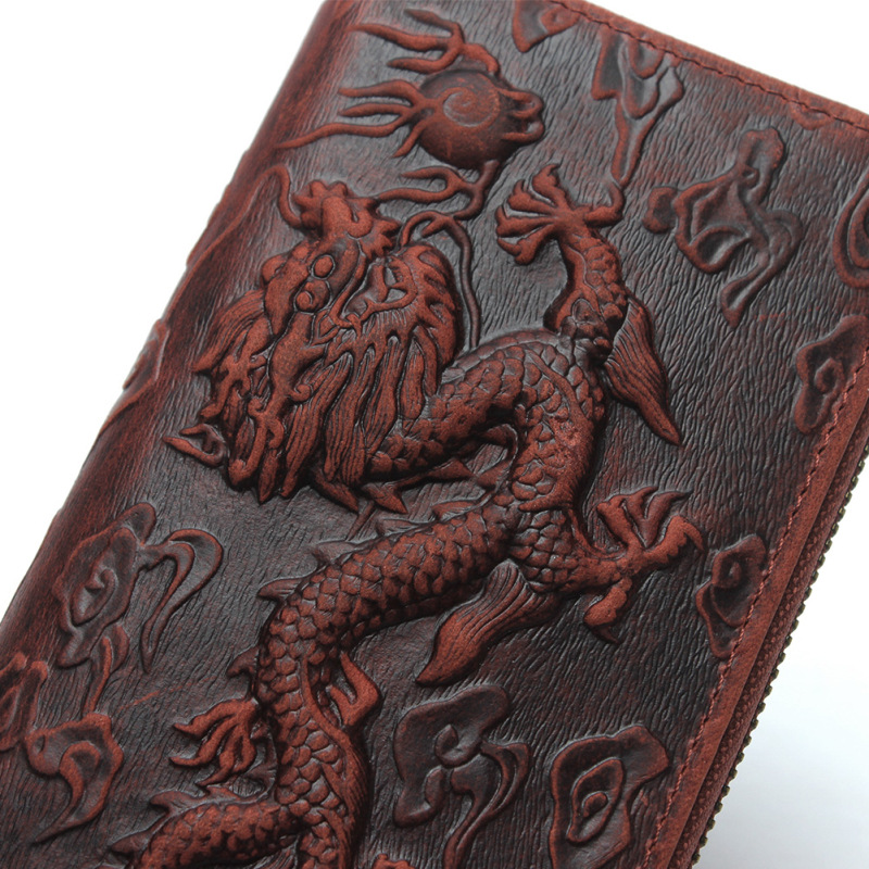 Picture of Shi Cangxin Vintage Crazy Horse Leather Dragon Pattern Wallet Embossed Genuine Leather Clutch Embossed Tiger Pattern Chain Card Bag