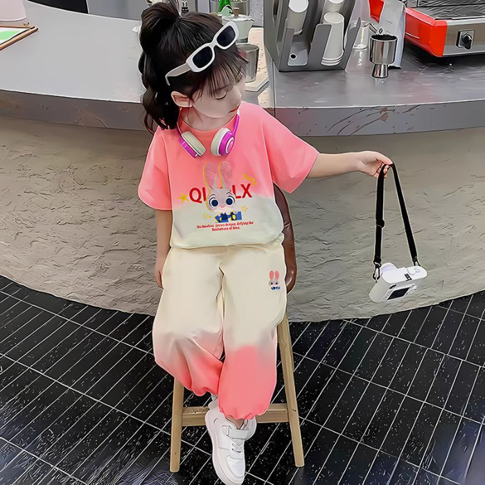 Picture of [Hot-Selling Children's Clothing] Girls Internet Celebrity Fashionable Thin Short-Sleeved Suit New Baby Girl Gradient Color Pants Two Pieces
