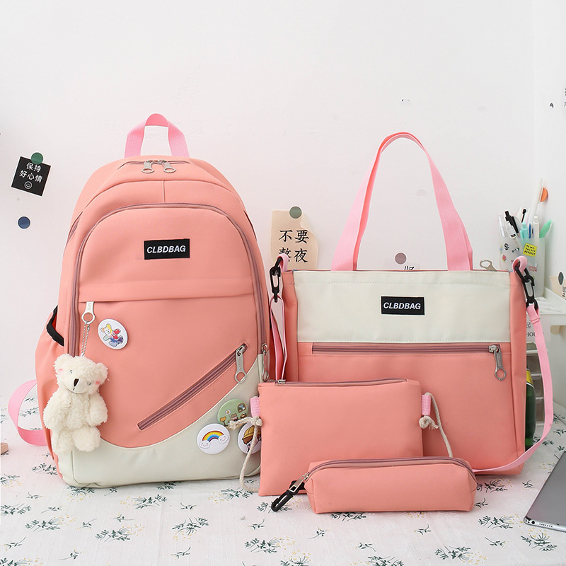 Picture of Schoolbag Female College Student Korean-style Cute Bear Pendant Backpack Senior high school Student Campus Canvas Four-piece Backpack