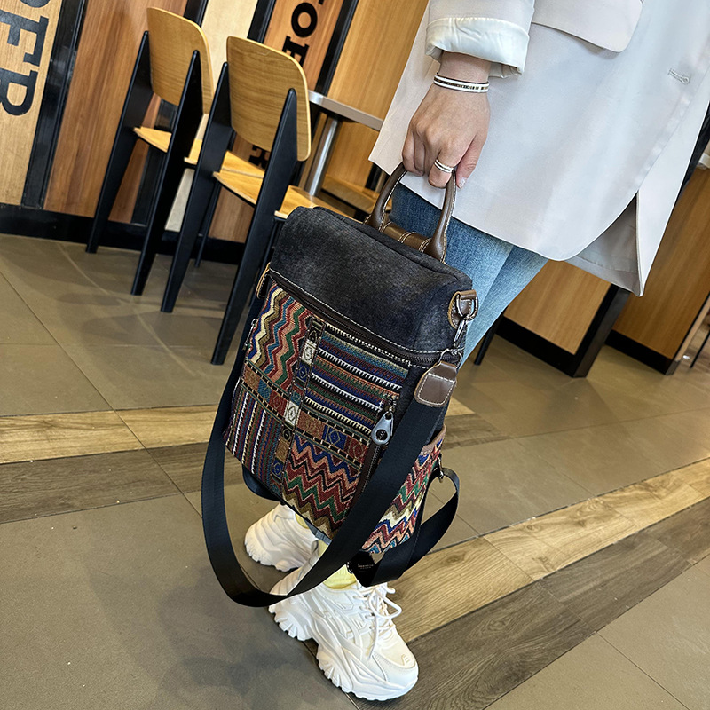 Picture of Vintage Ethnic Style Backpack Women's 2025 New Large Capacity Denim Bag Contrast Embroidered Dual-purpose Shoulder Bag