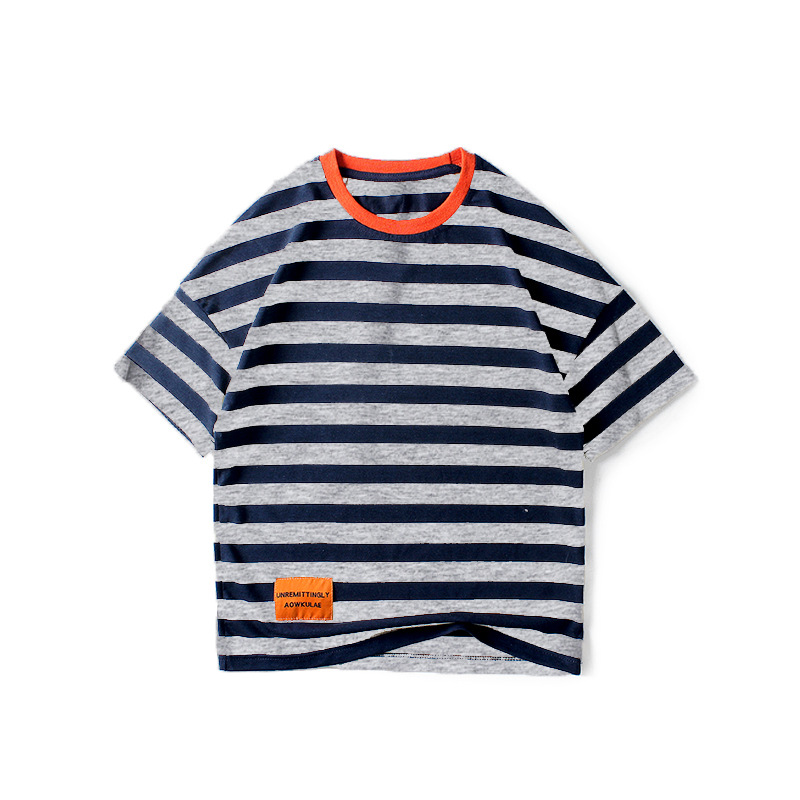 Picture of Summer children's clothing Korean new boys short sleeve T-shirt girls knitted striped label top children's short sleeve wholesale